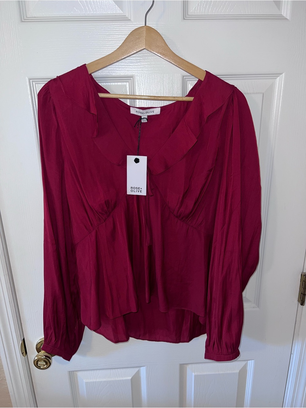 Rose & Olive Women's Ruffled V-Neck Blouse in Red Wine Long Sleeved Burgundy XL